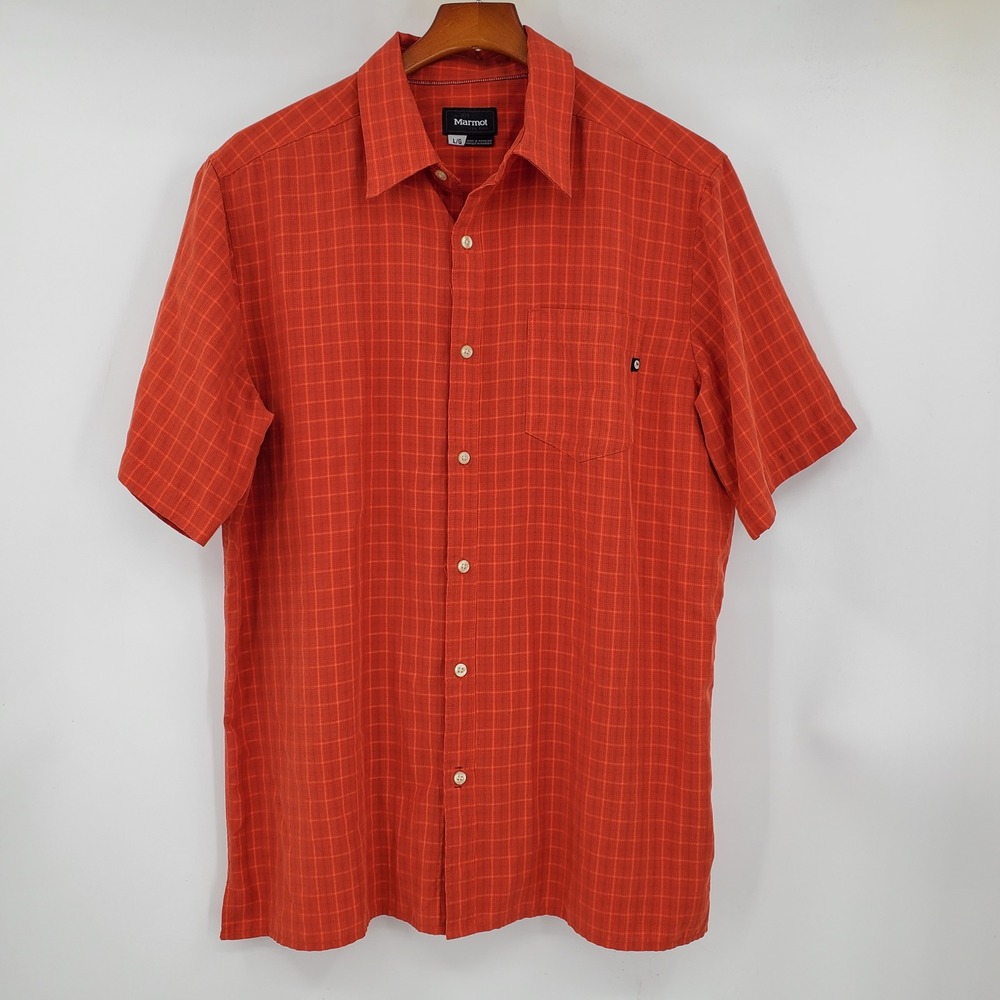 Marmot Mens Orange Grid Short Sleeve Button Down Shirt Large Hiking Outdoors